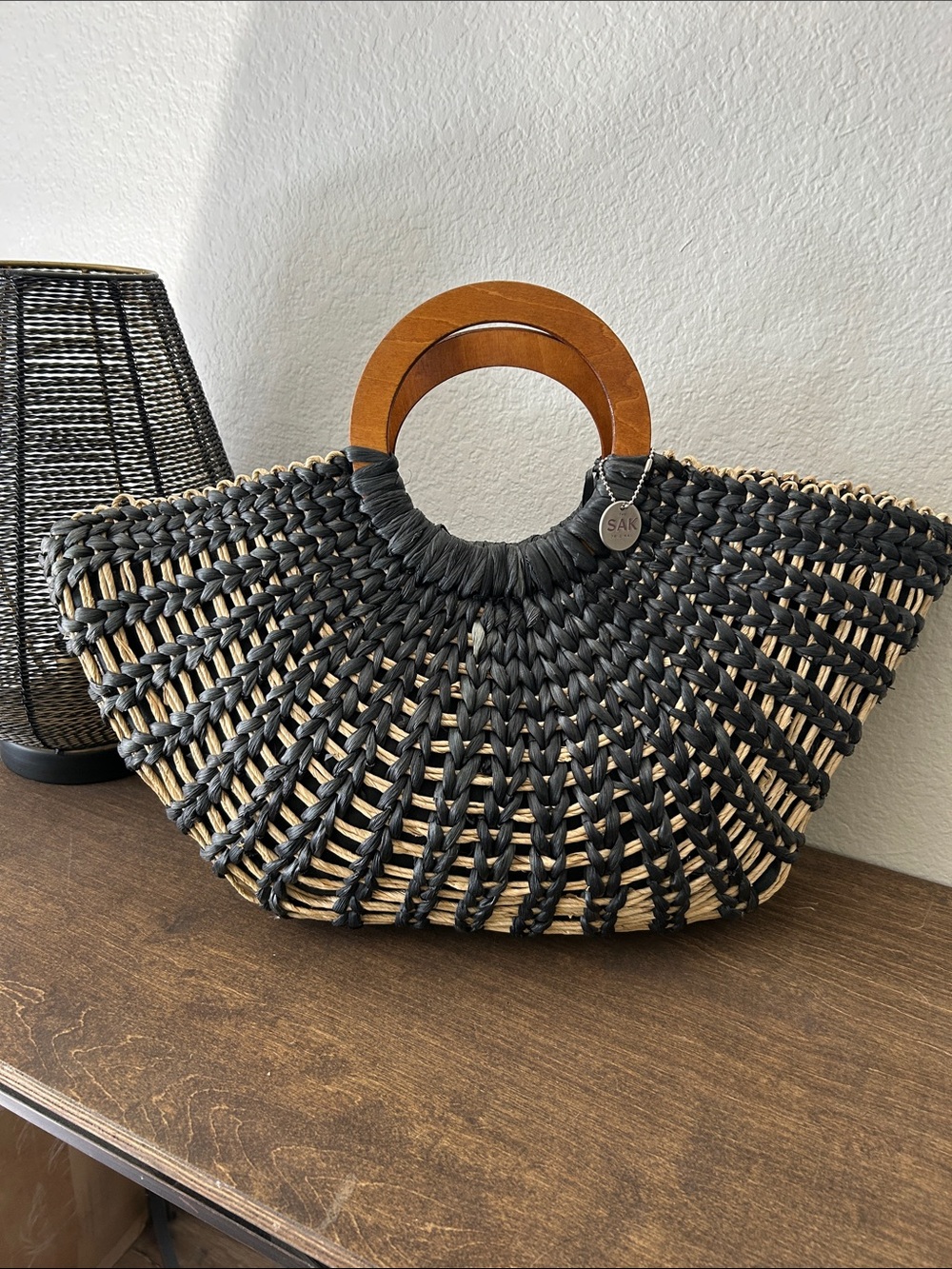 The Sak Black & Natural Woven Tote with Wooden Round Handles